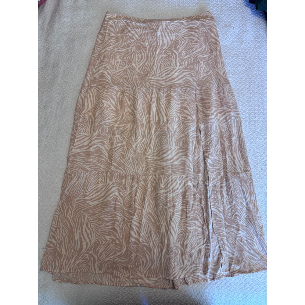 Nine West Tan Cream Zebra Print Tiered Midi Skirt Side Slit Womens Medium